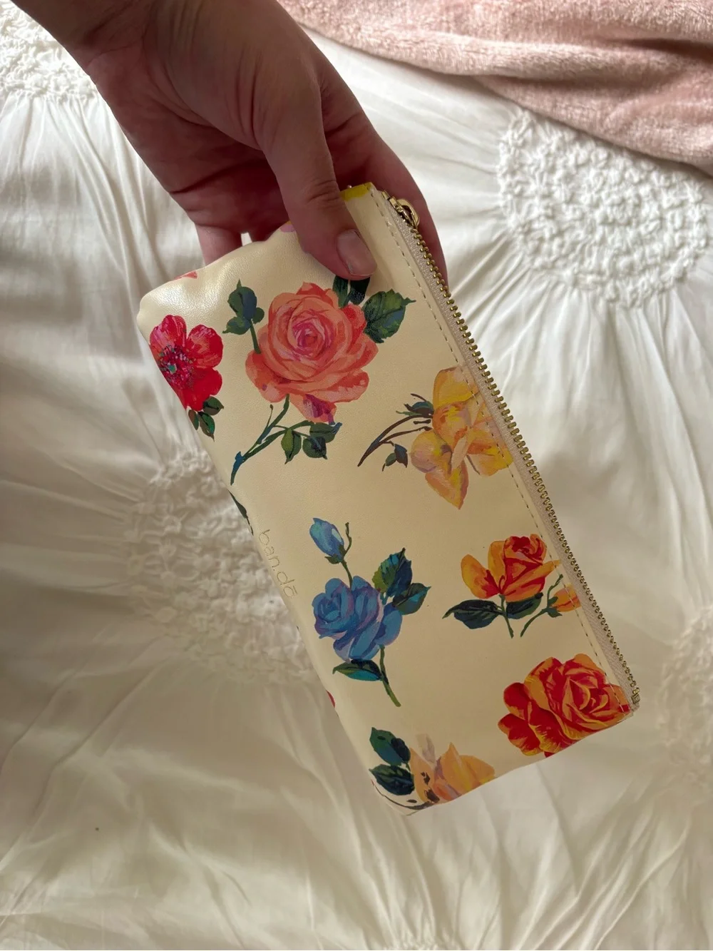 Cream Floral Zip Cosmetic Pouch - Multicolor Roses